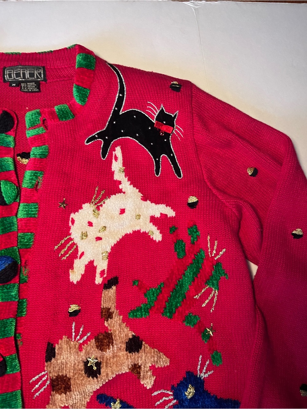 VTG 90s Berek Red Leaping Cats Beaded Cardigan Sweater Size Medium Grannycore - Picture 4 of 9
